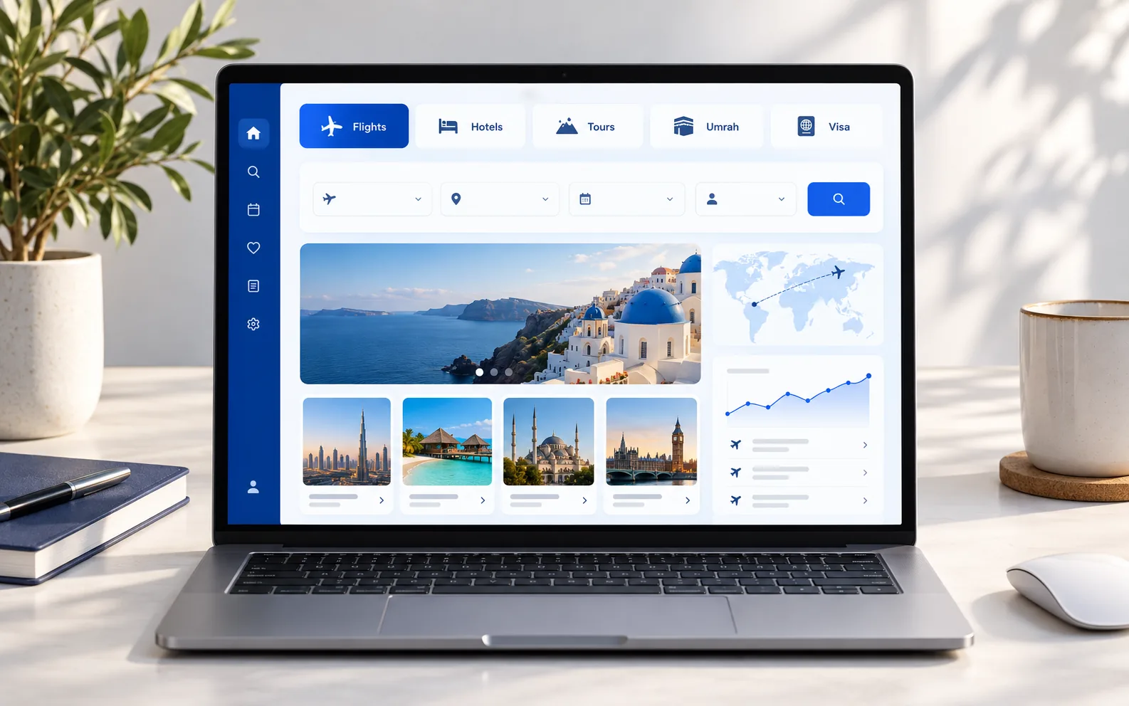 Travel booking panel on a laptop showing flights, hotels, tours, Umrah and visa booking modules